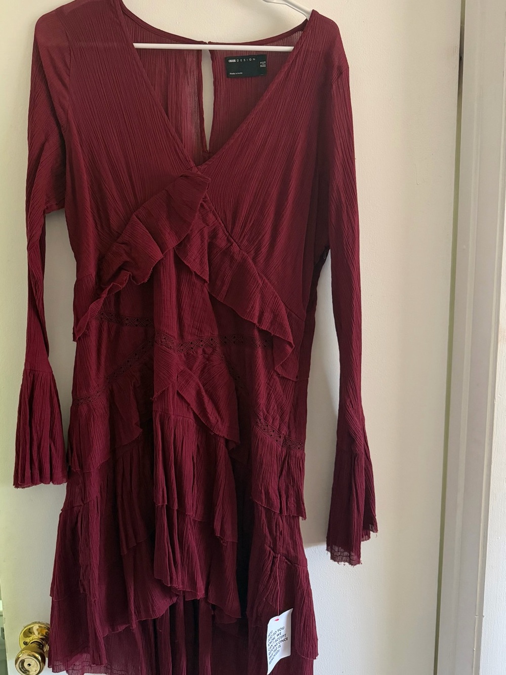 ASOS Burgundy Ruffle Tiered Long Sleeve Dress